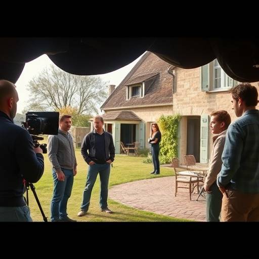 Acteurs sur un tournage en Normandie avec une ancienne ferme en arrière-plan.