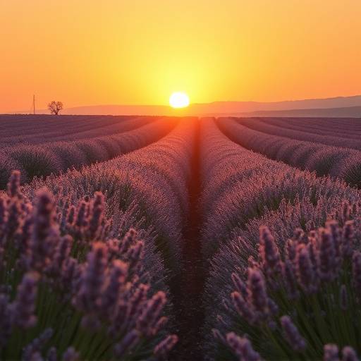 Des champs de lavande en Provence au coucher du soleil, idéaux pour un film romantique